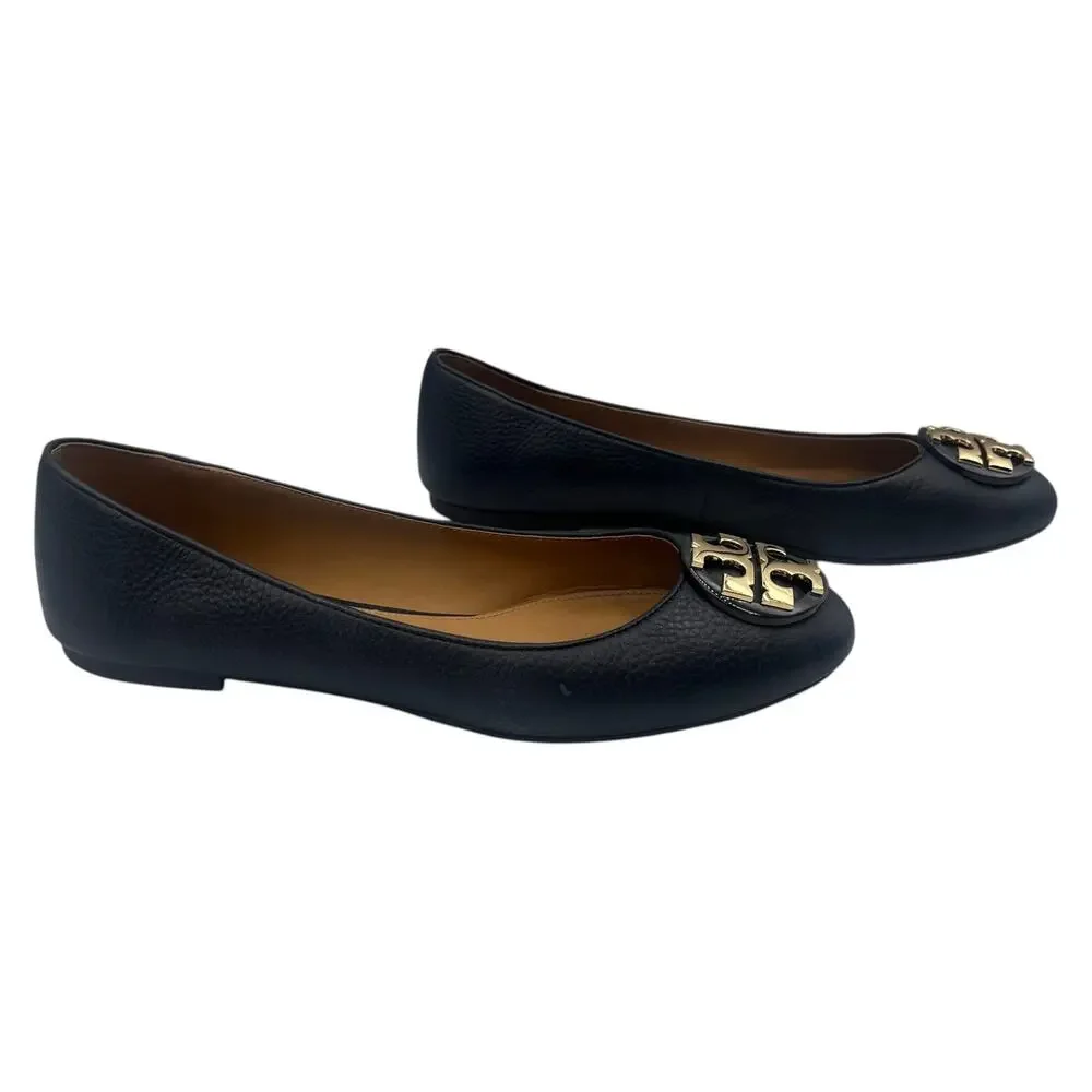 Tory Burch Eleanor Ballet Flat Navy Blue Leather Gold Double T Logo Sz 9